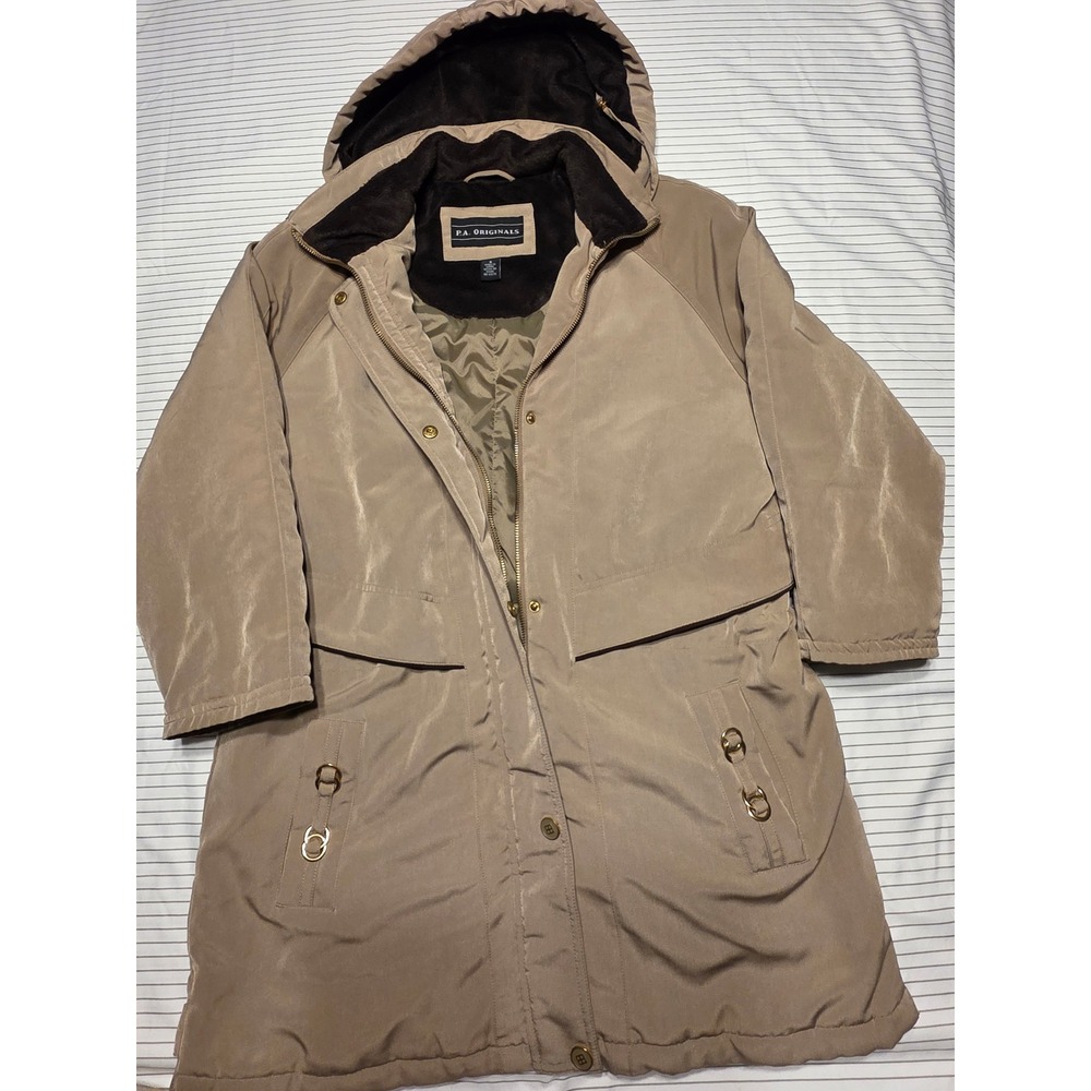 1174 PA Originals Tan Hooded Parka Jacket Wom Sm Faux Fur Trim Khaki Anorak Coat